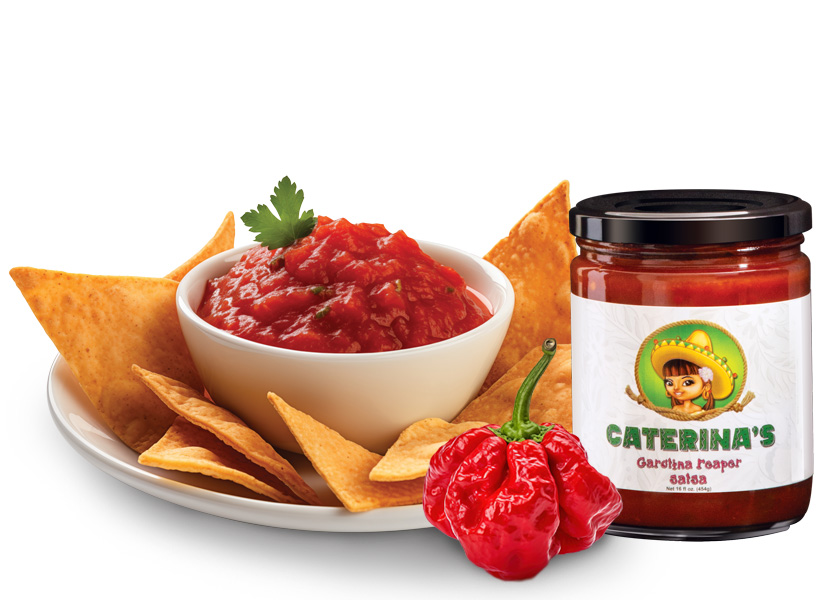Caterina salsa hero image with tortilla chips.