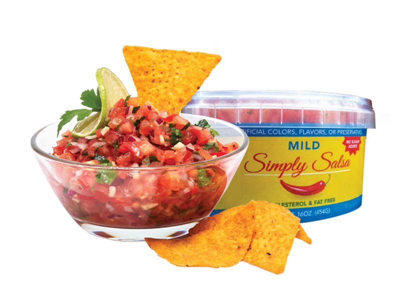 16oz tub of Simply Salsa with a clear bowl of fresh batch mild flavor garnished with lime, cilantro, and chips.