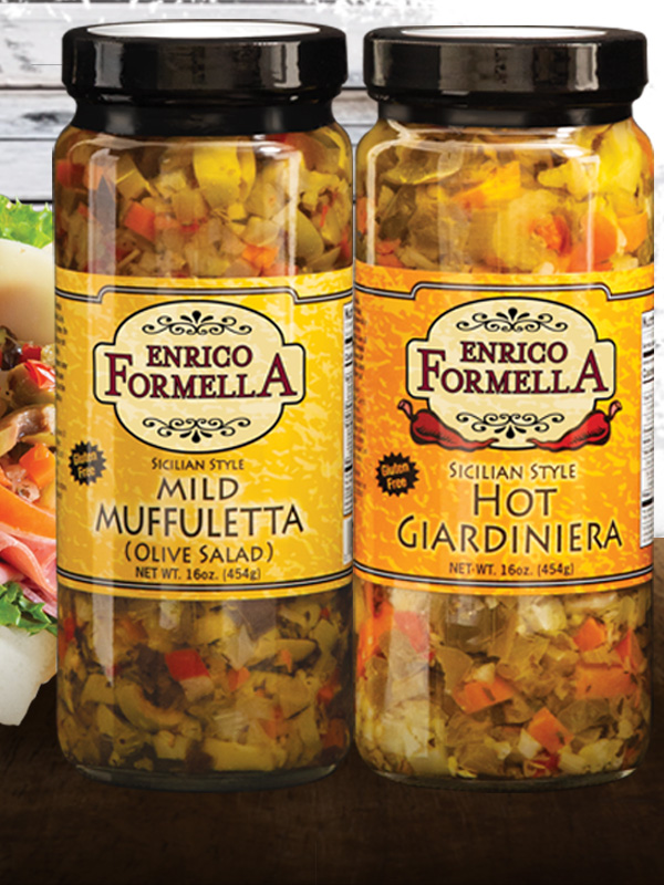 Giardiniera 16oz retail jars. Branded Enrico Formella with Muffuletta