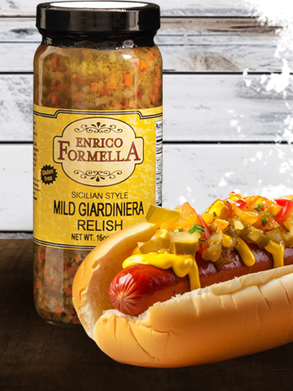 Enrico Formella Hot Giardiniera relish on Chicago style hot dog.