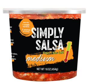 Medium Simply Salsa. Orange swishes designate this flavor of fresh salsa