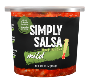 mild fresh salsa from Simply Salsa. Green is the flavor color. Bold modern design with black back panel, white lettering and swuishes of green color on a 16 oz clear tub.