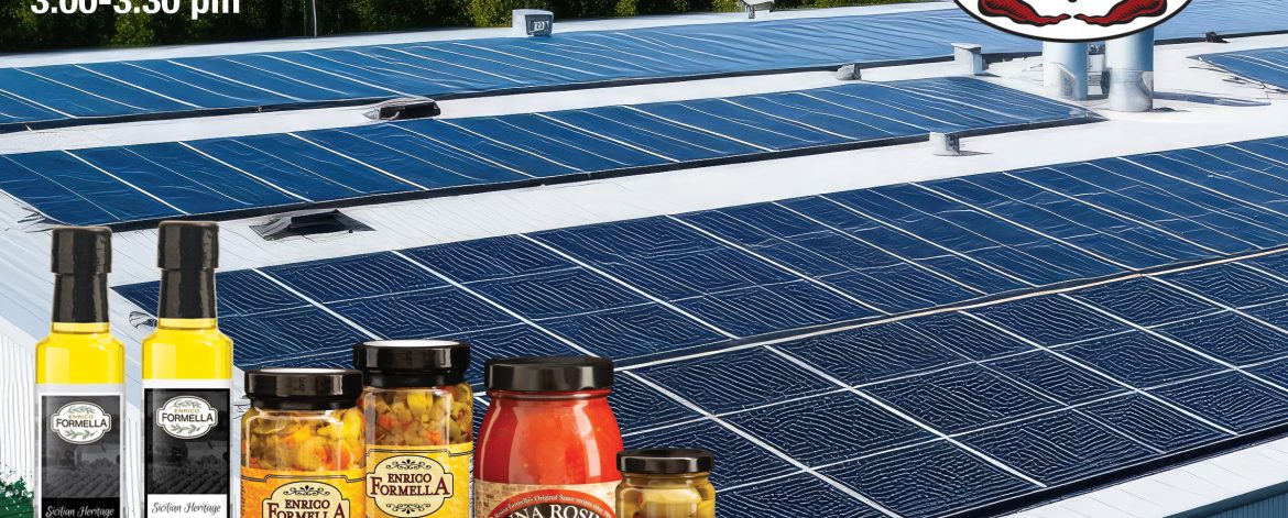 Image of manufacturing building with solar panels installed. Formella & Sons Logo and 5 of their signature products, hot giardiniera, olives, truffle oils, pasta sauce, muffuletta olive salad.