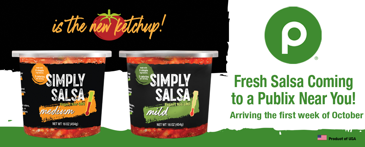 two containers of Simply Salsa Publix logo announcing availability in all stores in October 2025